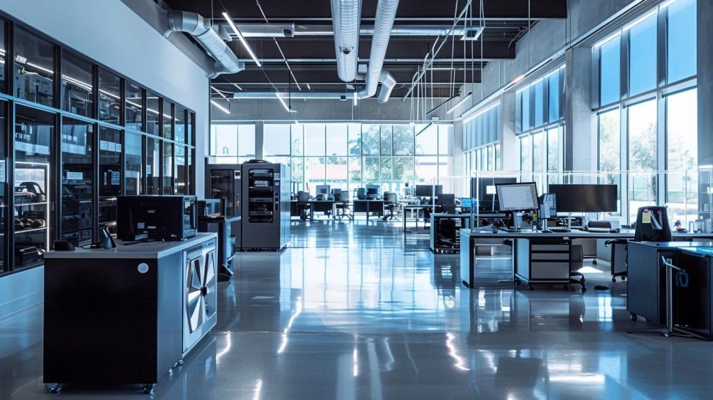 a sleek, modern office filled with professional technicians examining high-end appliances, showcasing trust and expertise in the appliance repair industry with attention to detail and efficiency.