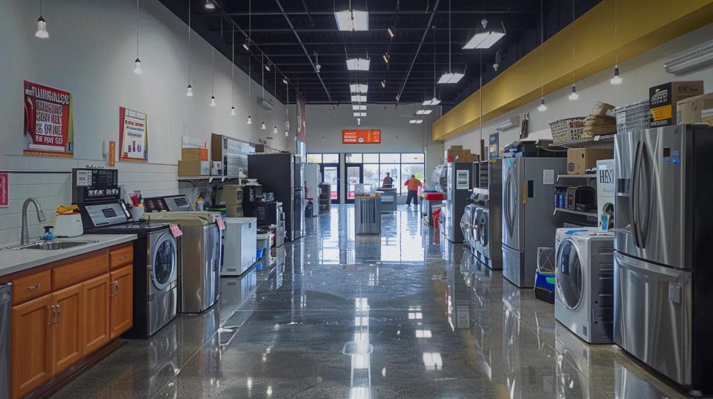 Modern appliance showroom featuring various kitchen and laundry appliances, including refrigerators, washers, and dryers, with bright lighting and polished floors, reflecting A1 Appliance Repair's focus on quality service in Charlotte.