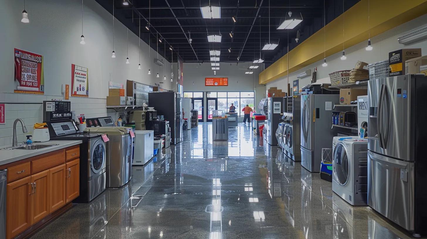 a clean, modern appliance repair shop in charlotte, bustling with technicians efficiently diagnosing and repairing various household appliances, illuminated by bright overhead lights and featuring a prominently displayed calendar of same-day service appointments.