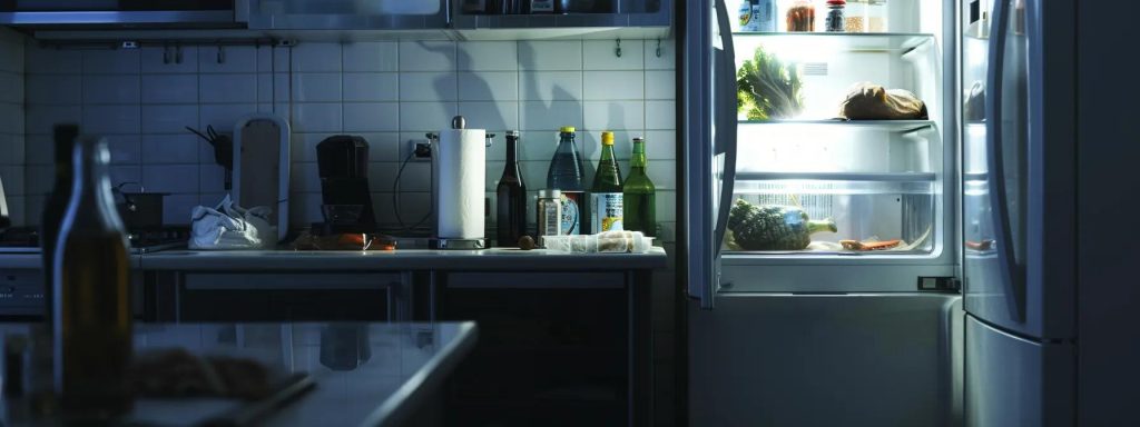 a cluttered kitchen scene showcases a sleek, modern refrigerator with its door slightly ajar, revealing a mix of spoiled food items, while a digital thermometer displays fluctuating temperatures, highlighting common refrigerator problems like inconsistent cooling and potential leaks.