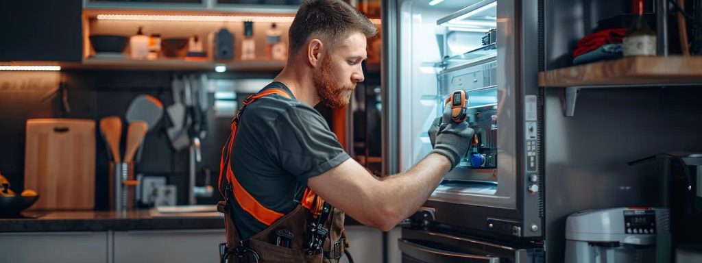 a focused technician in a modern kitchen carefully inspects a dismantled refrigerator, surrounded by essential repair tools and safety gear, with an emphasis on the importance of caution and professional assistance in appliance repairs.