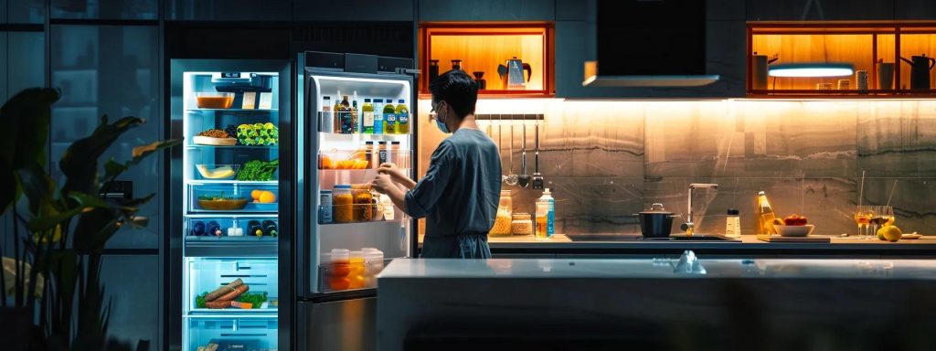a modern kitchen features a sleek, metallic lg refrigerator with an open door, showcasing neatly arranged food items and an expert technician attentively inspecting the appliance, illuminated by the warm glow of overhead lights to convey a sense of trust and professionalism in appliance repair.