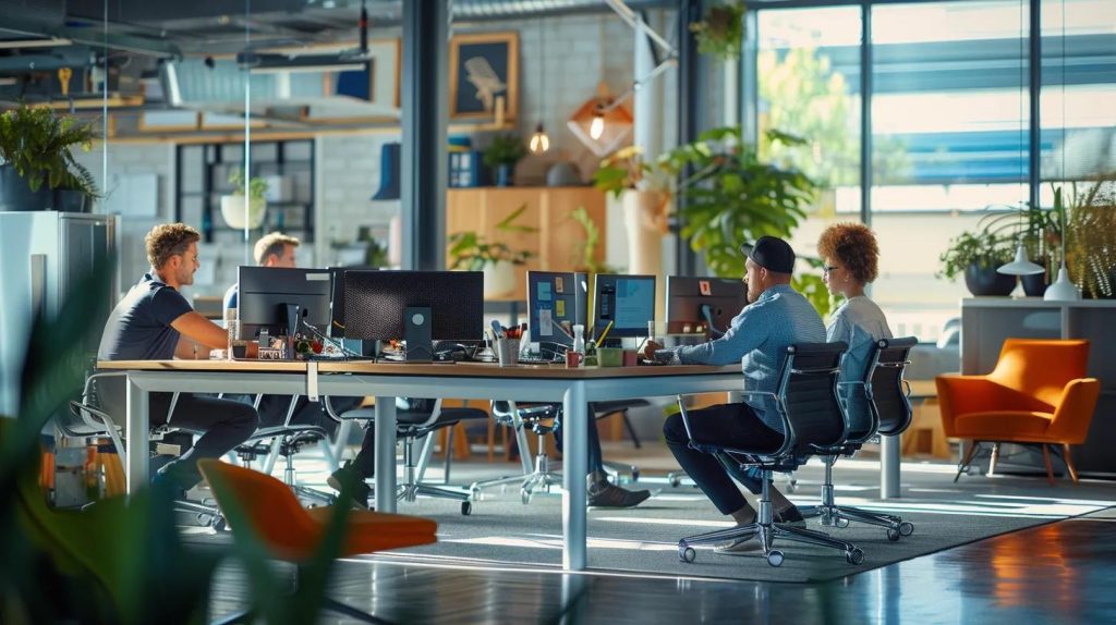 Modern office environment with four professionals collaborating at desks, featuring computers, plants, and bright natural light, emphasizing a productive workspace.