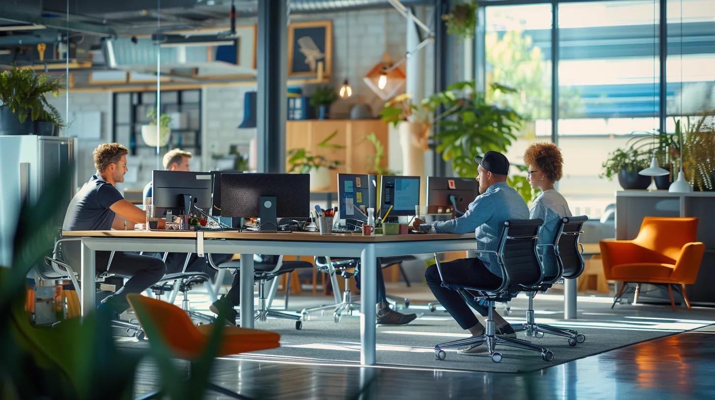 a modern office environment featuring a busy appliance repair team collaborating around a sleek conference table, with tools and equipment prominently displayed, highlighting professionalism and efficiency in service delivery.