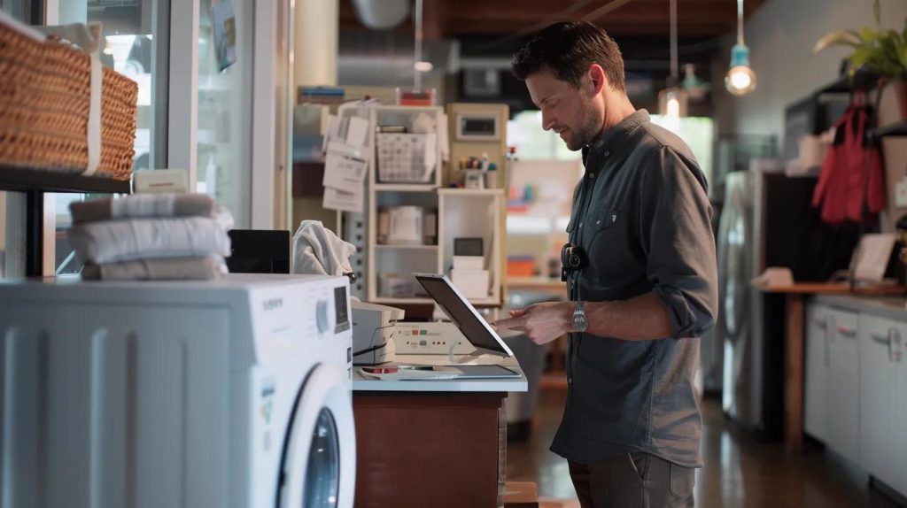 Man using a tablet at a service counter in an appliance repair shop, with a washing machine and neatly stacked towels in the foreground, reflecting a focus on washer and dryer repair services.
