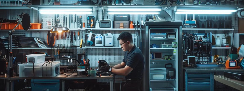 a modern, well-organized household appliance repair workshop features a technician intently examining a sleek samsung refrigerator, surrounded by specialized tools and repair manuals, symbolizing brand-specific troubleshooting and maintenance expertise.
