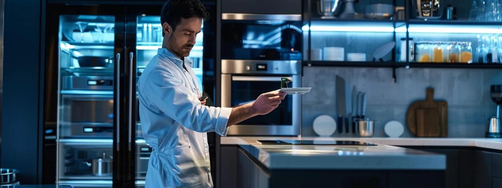 a sleek, modern technician in a sharply tailored uniform examines a high-end refrigerator in a well-lit, contemporary kitchen, surrounded by advanced diagnostic tools and gleaming replacement parts, emphasizing the professionalism and expertise required for appliance repair in an urban environment.