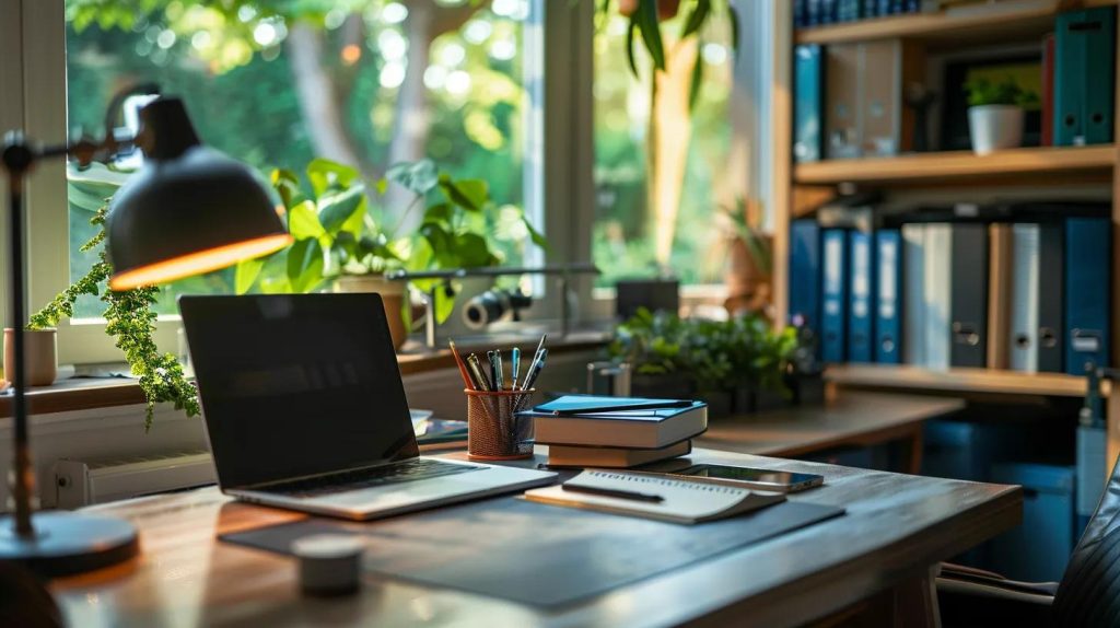 Home office setup with laptop, desk lamp, potted plants, stationery, and organized files in a bright, inviting workspace.