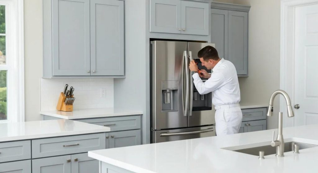 A clean, modern kitchen in a Concord, NC home featuring a sleek stainless steel refrigerator with a built-in ice maker. A professional technician in uniform is examining the ice dispenser with specialized tools. The environment is bright and well-lit, conveying reliability, cleanliness, and expert appliance repair service