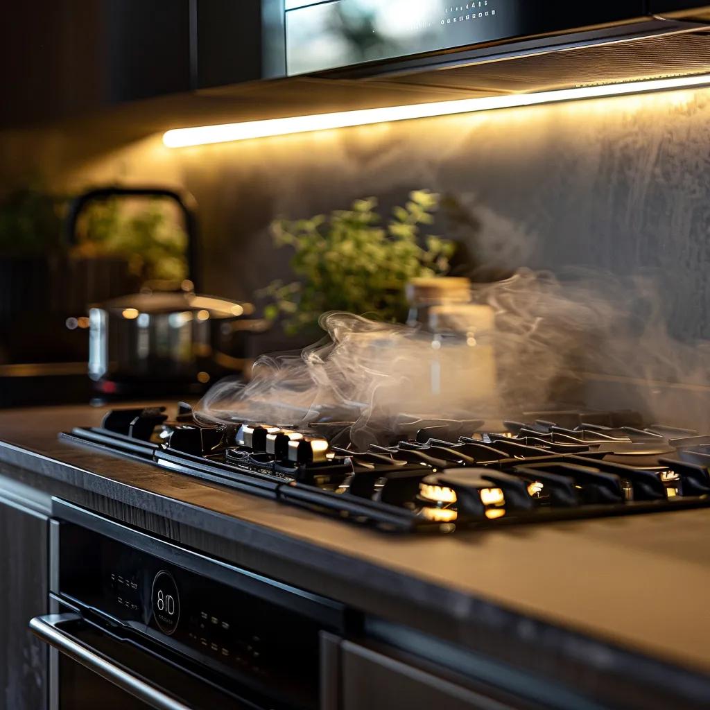 a close-up view of a modern kitchen stove showing flickering burners and a slight haze of smoke, illuminated by bright overhead lights, suggesting urgent need for professional repair.