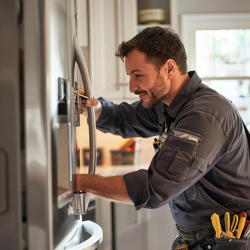 Technician repairing a refrigerator in a bright kitchen, emphasizing local appliance repair expertise