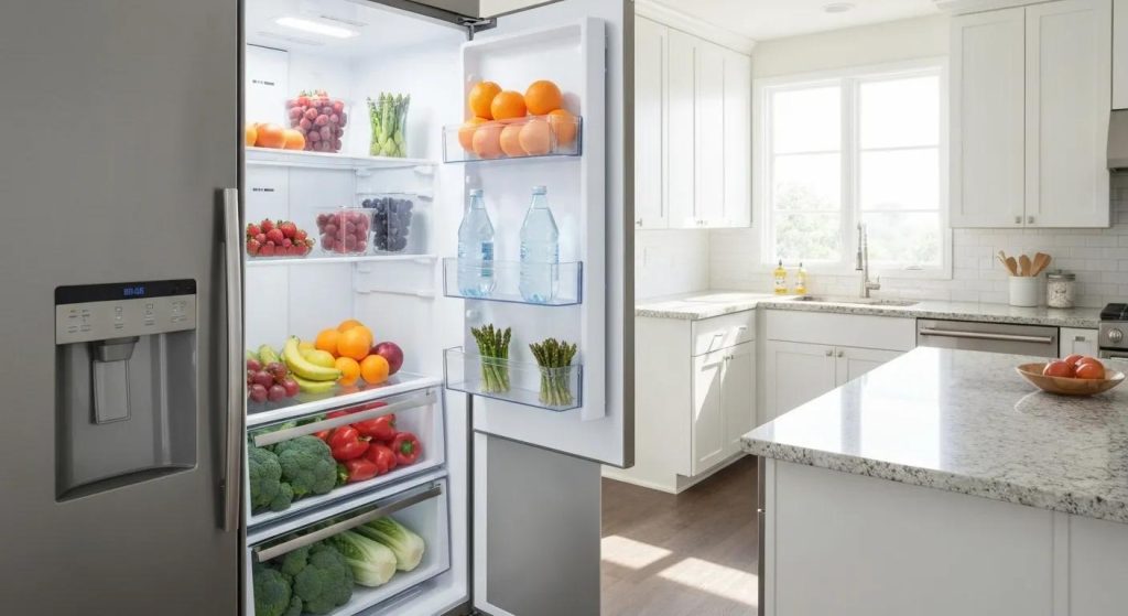 Sleek stainless steel refrigerator stocked with vibrant fruits and vegetables in a sunlit kitchen