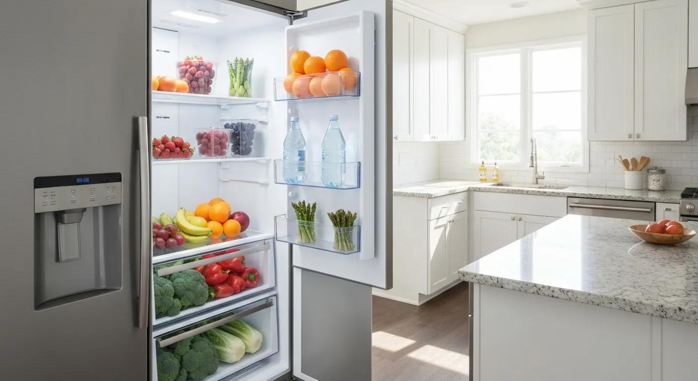 Sleek stainless steel refrigerator stocked with vibrant fruits and vegetables in a sunlit kitchen