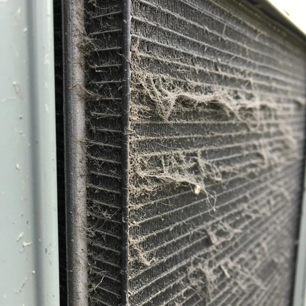 Close-up of condenser coils covered in dust, illustrating reduced cooling efficiency