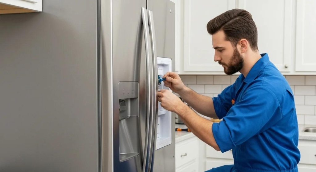 A technician in Charlotte, NC, is shown replacing the water inlet valve on a refrigerator's ice maker.
