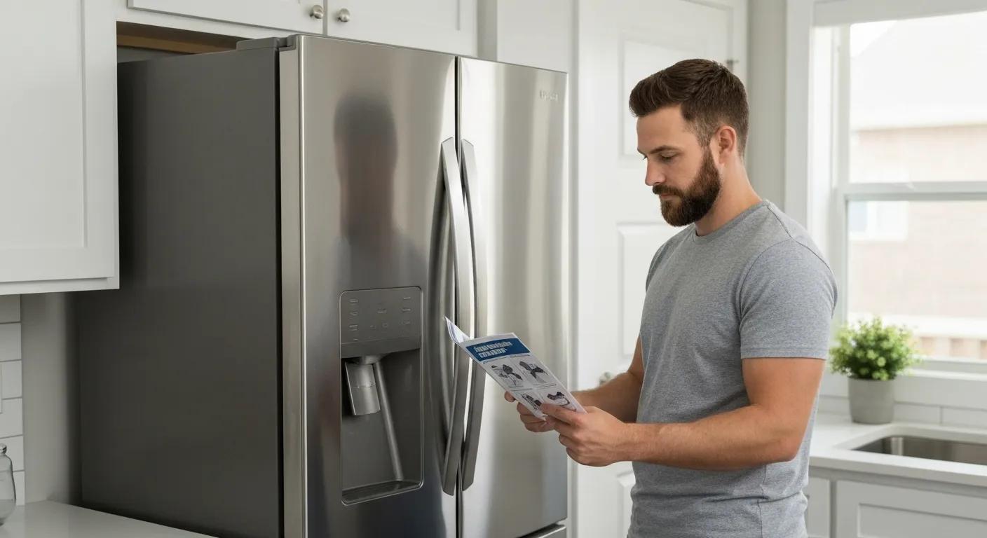 A person in Concord, NC, carefully inspecting their refrigerator for common repair issues in a modern kitchen.