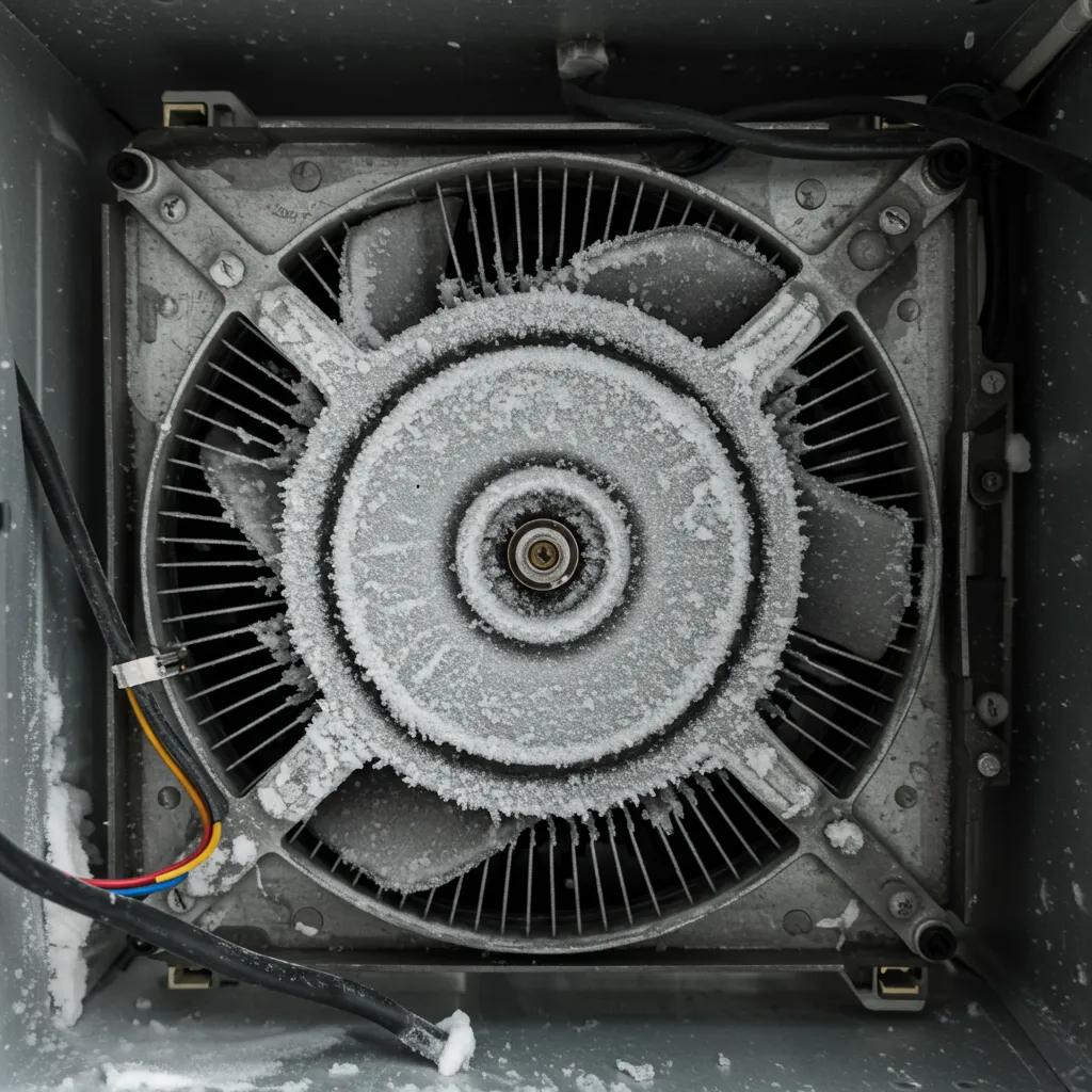 Evaporator fan motor with visible frost buildup, indicating an airflow problem