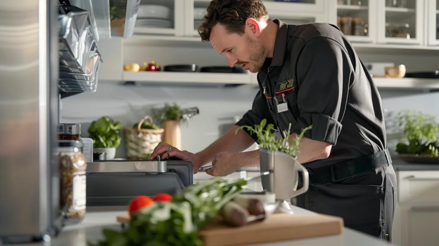 A professional appliance repair technician fixing a modern refrigerator in a bright, clean kitchen in Concord, California. The technician is wearing a uniform with a name patch and using tools to service the lower back panel of the fridge. In the background, fresh groceries are visible on the countertop. The image should feel trustworthy, professional, and reassuring, with natural lighting and realistic details.