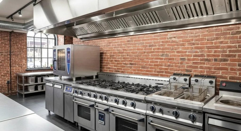 Assortment of commercial kitchen appliances including a convection oven, gas range, and deep fryer