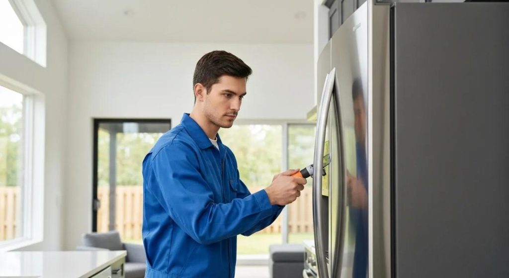 A skilled technician expertly servicing a refrigerator in a modern Concord home, emphasizing the importance of reliable appliance repair services
