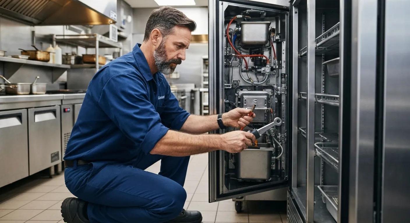 Certified technician fixing a commercial refrigerator in a Charlotte restaurant kitchen