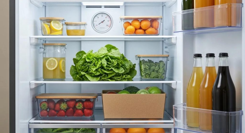 A refrigerator stocked with fresh groceries, featuring a visible temperature gauge, highlighting the critical role of appliance repair in maintaining food safety