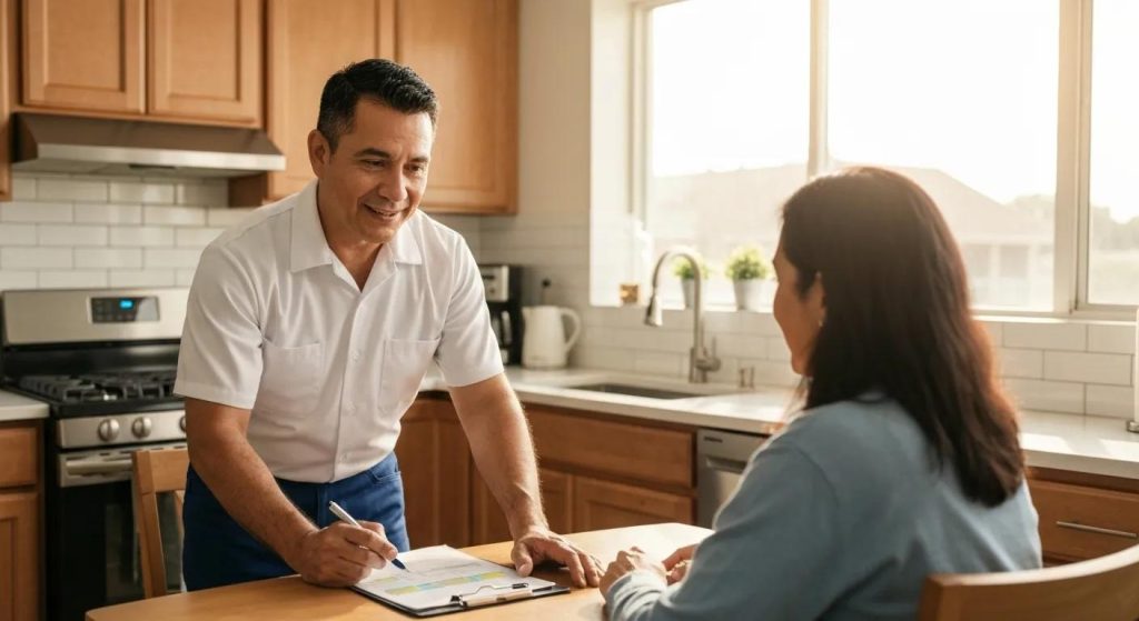 A friendly technician discussing a repair estimate with a homeowner in their kitchen, emphasizing the trust built with appliance repair services