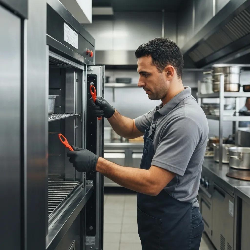 Technician repairing a commercial kitchen appliance in a busy restaurant setting