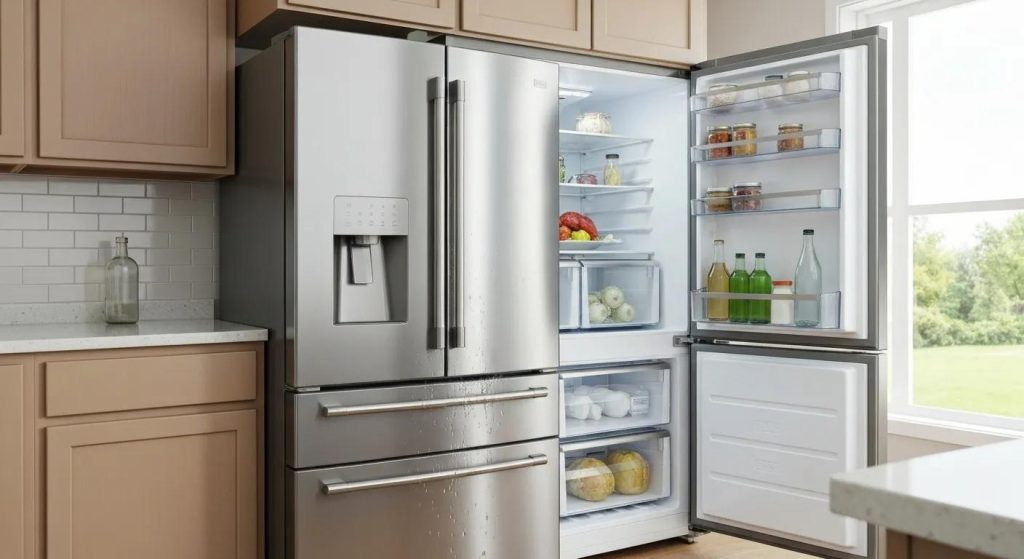 Refrigerator with visible issues in a modern kitchen, highlighting common problems