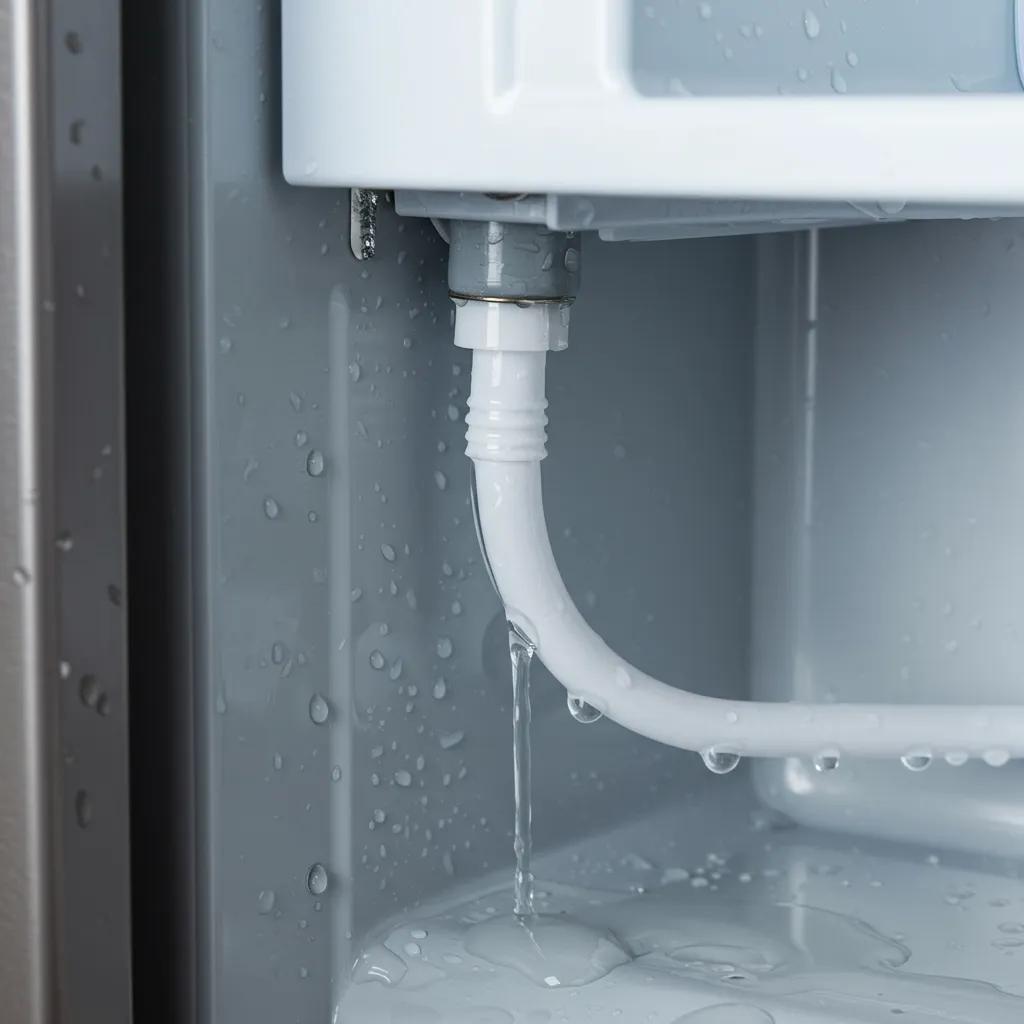 Close-up of a refrigerator's defrost drain area with water pooling, illustrating leak causes