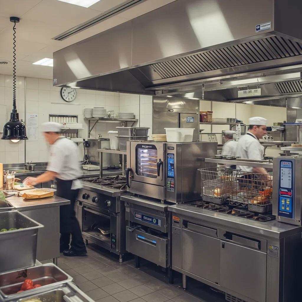 Commercial kitchen appliances in action, highlighting essential equipment for food safety and service