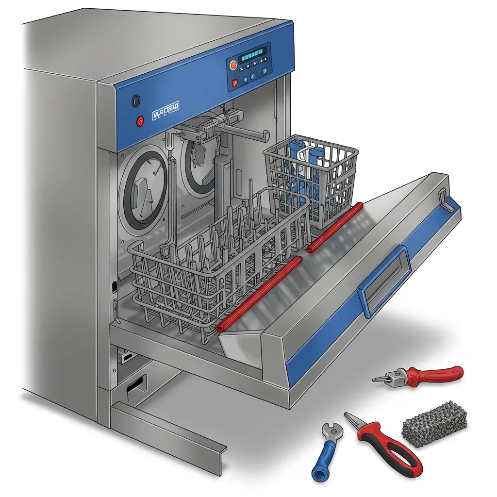 Interior view of a commercial dishwasher showing components and maintenance tools, emphasizing cleaning performance
