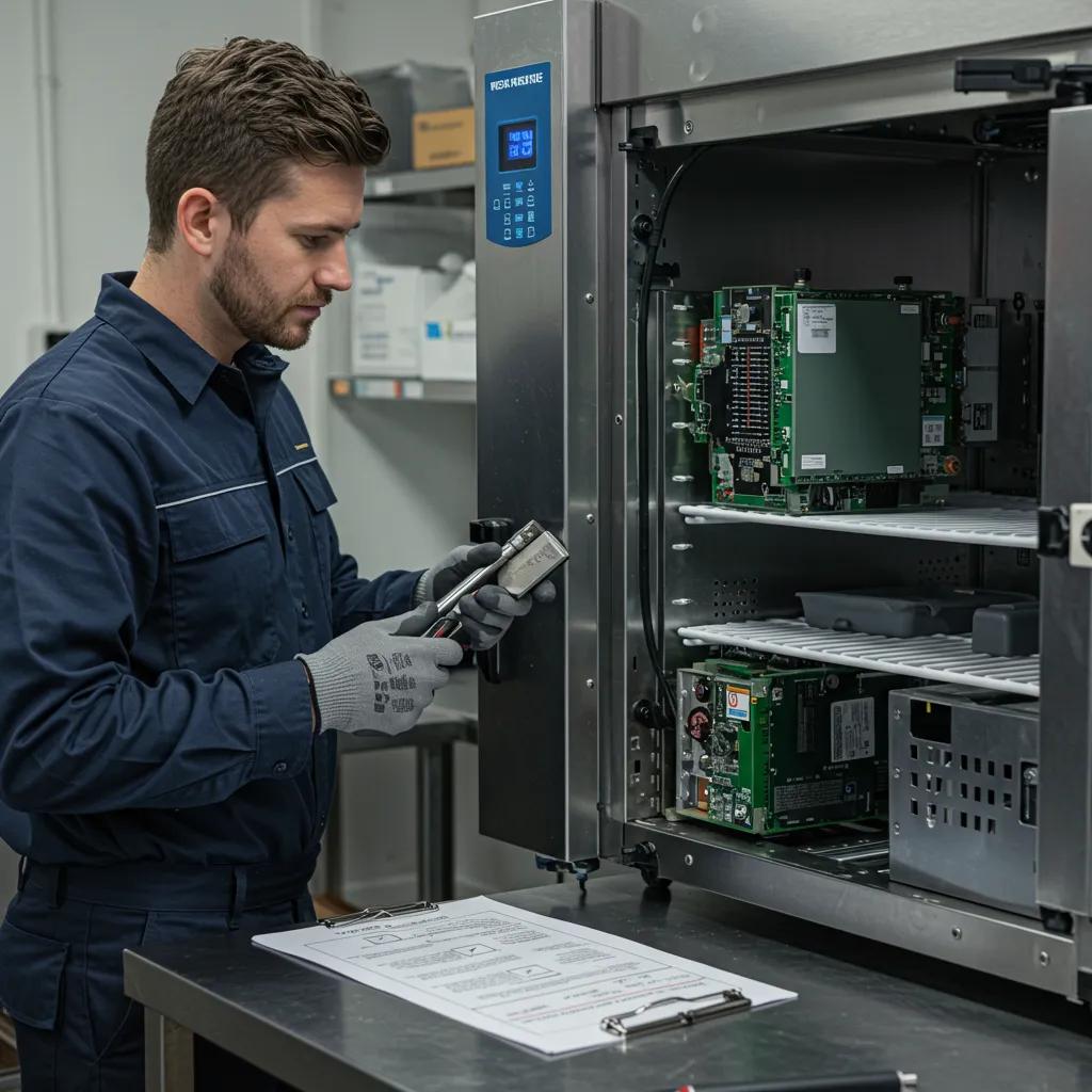 Technician performing routine maintenance on a commercial appliance