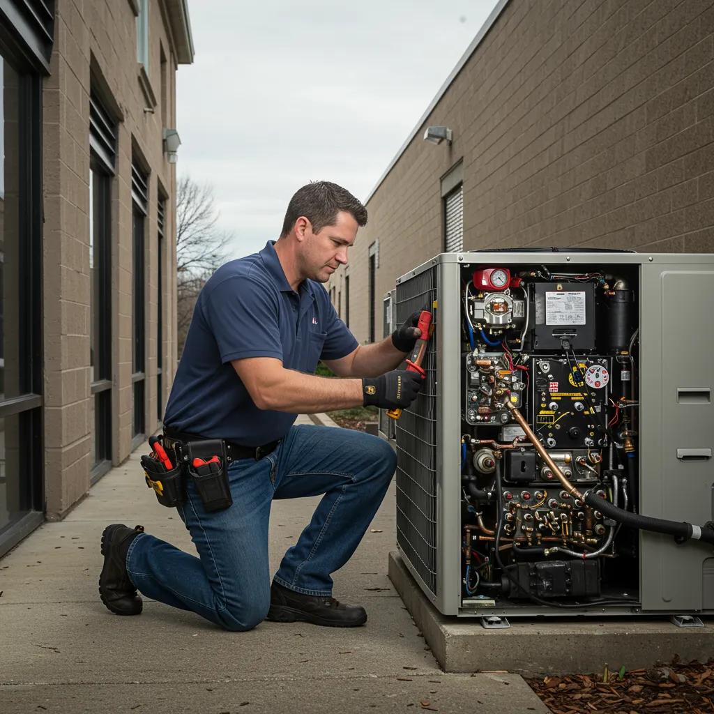 Technician repairing an HVAC unit outside a building, highlighting the importance of emergency HVAC services