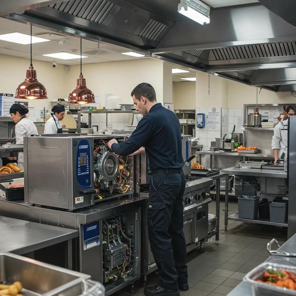 Technician repairing a commercial kitchen appliance in a busy restaurant