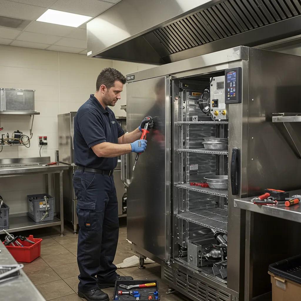 Technician repairing a commercial refrigerator in a busy kitchen, highlighting emergency appliance repair services