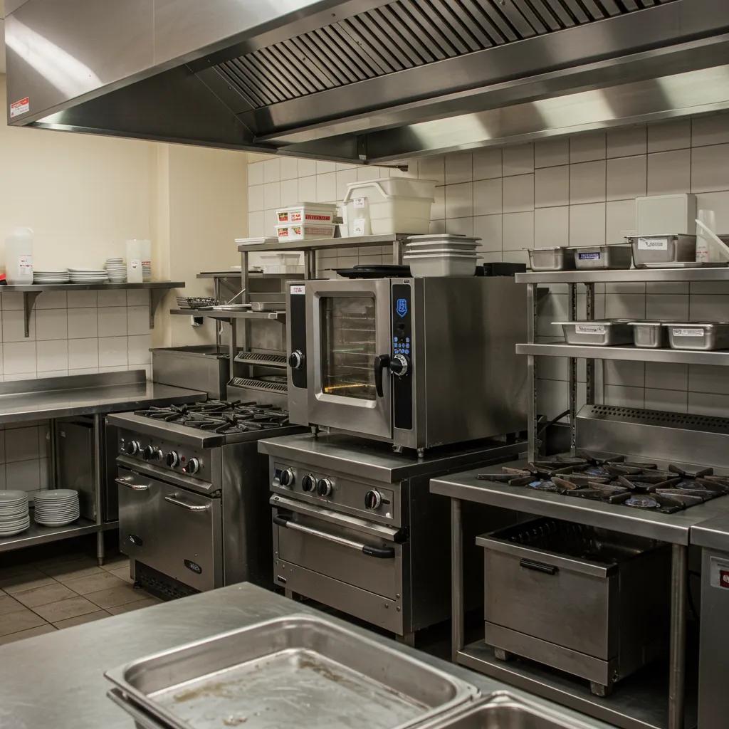 A variety of commercial kitchen appliances, including ovens, stoves, and dishwashers