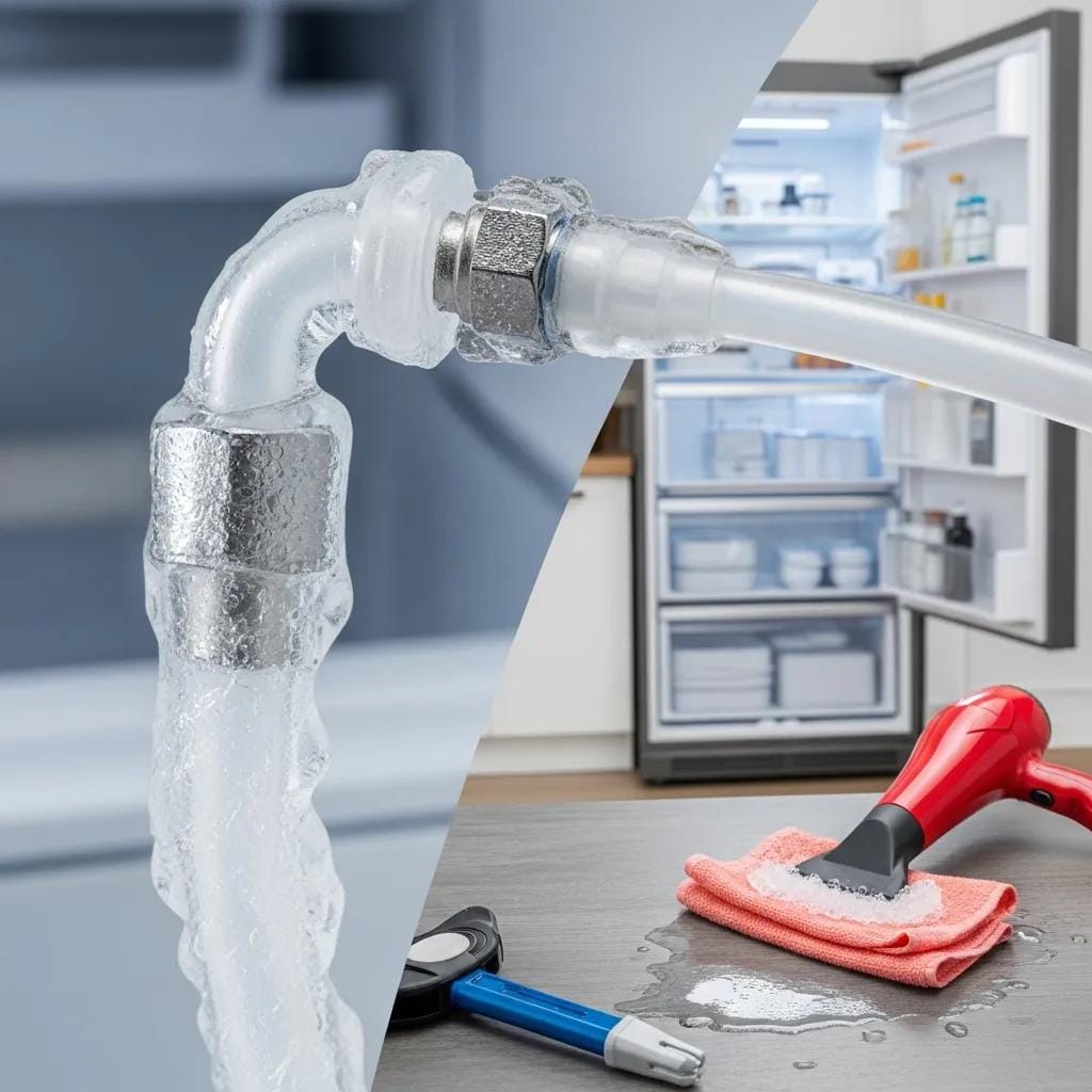 Close-up of a frozen water line with tools used to thaw it