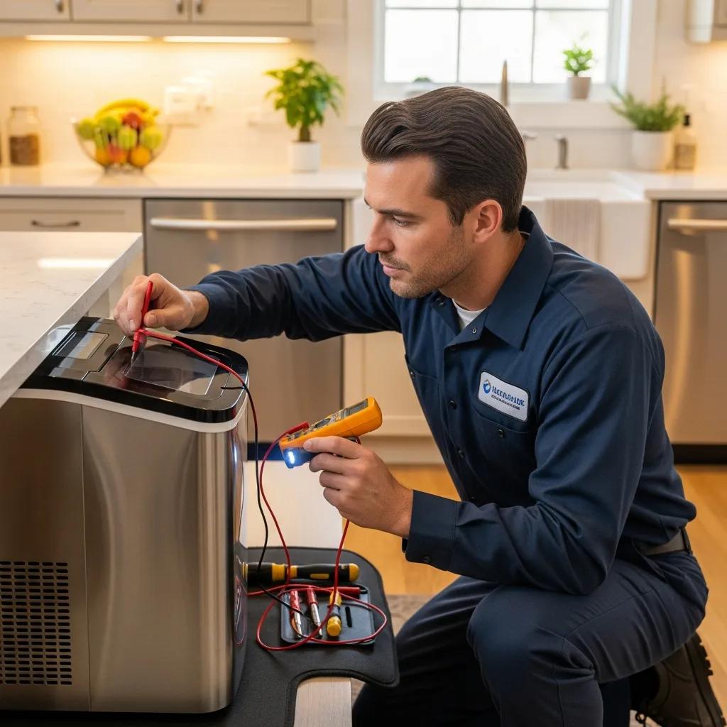 Technician inspecting an ice maker in a clean kitchen